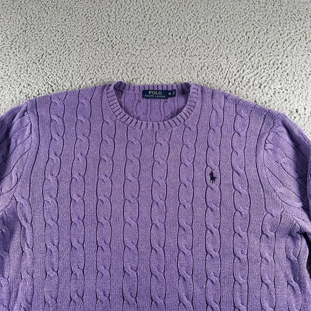 Polo Ralph Lauren Sweater Mens XL Purple Cable Knit Crewneck Long Sleeve Logo